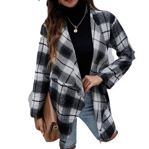 NEW! SHEIN Black and White Plaid Belted Drape Front Cardigan Size 4
